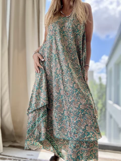 V115 Vestido de seda de india estampado doble faldón en internet