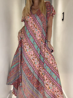 V163 Vestido de seda de india estampada con tiras en la espalda para regular el escote - comprar online
