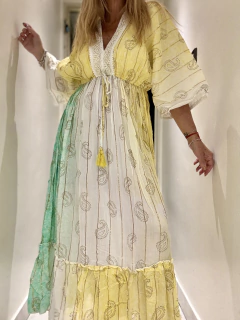 V554 vestido de algodón de india en degrade de verdes y amarillos