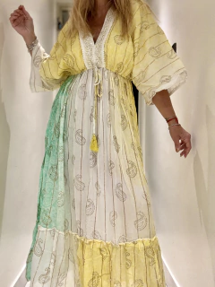 V554 vestido de algodón de india en degrade de verdes y amarillos - tienda online