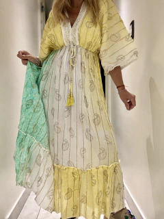 V554 vestido de algodón de india en degrade de verdes y amarillos
