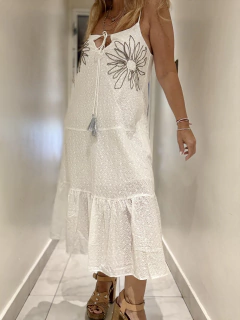 V35 Vestido blanco de encaje de algodón con margaritones de canutillos - comprar online