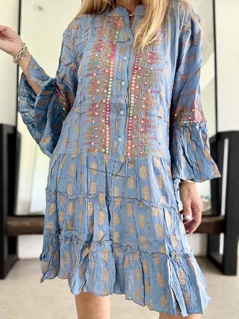 V524 Vestido de algodón de india con botoncitos Color celeste jean - comprar online