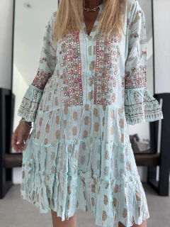 V524 Vestido de algodón de india con botoncitos Color celeste - Tu Guiseppa