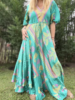 V167 Vestido de seda de india estampado con tiras debajo el busto - tienda online