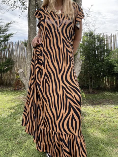 V19 Maxi vestido de morley print en habano y negro con mini strasses dorados