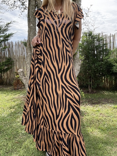 V19 Maxi vestido de morley print en habano y negro con mini strasses dorados