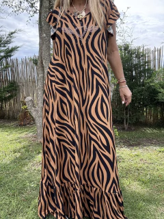 V19 Maxi vestido de morley print en habano y negro con mini strasses dorados - comprar online