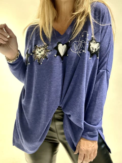 SWA19 Maxi sweaters azul con corazones