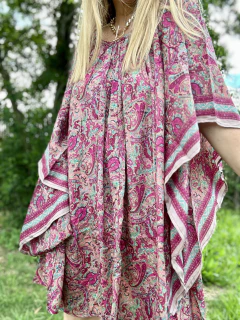 T15 Túnica de seda de india estampada con cuello fruncido en internet