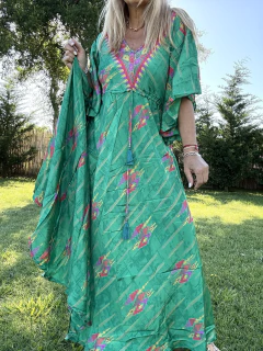 V167 Vestido de seda de india estampado con tiras debajo el busto - tienda online