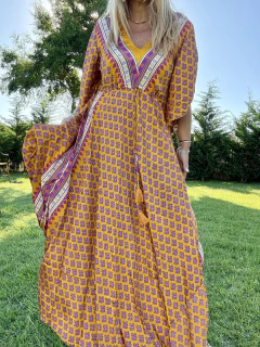 V167 vestido de seda de india con tiritas debajo el busto estampado