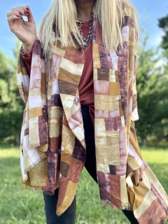 PAS133 Pashmina de algodón tramado estampado con cuadrados en rosas y tonos tierra