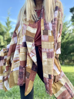 PAS133 Pashmina de algodón tramado estampado con cuadrados en rosas y tonos tierra - comprar online