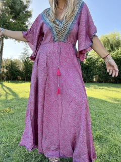 V167 Vestido de seda de india estampado con tiras debajo el busto - comprar online