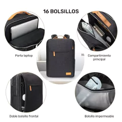 Mochila Ionify Urbana Style Negra Puerto Usb Impermeable - comprar online