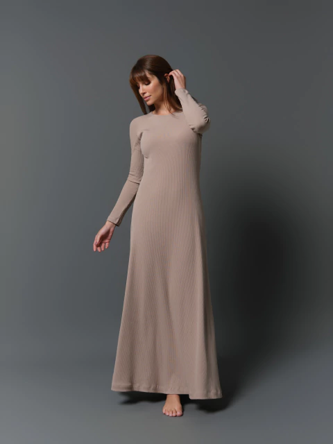 Vestido Longo Manga Comprida Canelado - Areia - comprar online