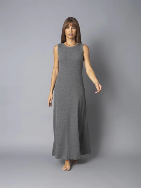 Vestido Longo Canelado sem Manga - Cinza Chumbo - comprar online