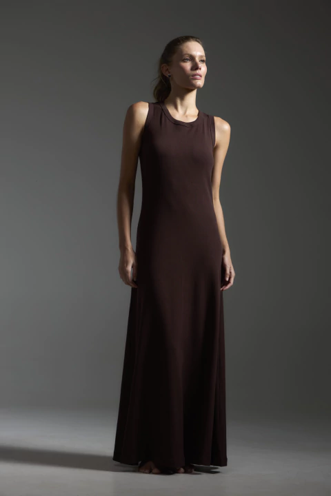 Vestido Longo Canelado sem Manga - Dark Brown - comprar online