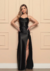 Vestido longo de cetim com fenda preto(SUTIN) - comprar online