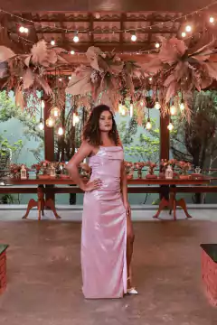 Vestido Longo de lurex Rosa com Fenda (She)