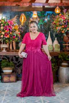Vestido longo de lurex fucsia