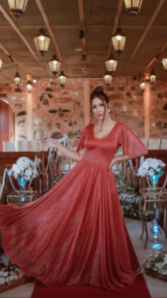 vestido longo terracota de lurex lola