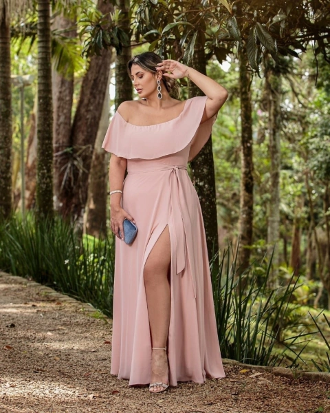 vestido ombro a ombro , longo rosa-rose plus size - Noiva no Civil | Vestido de noiva civil e festa