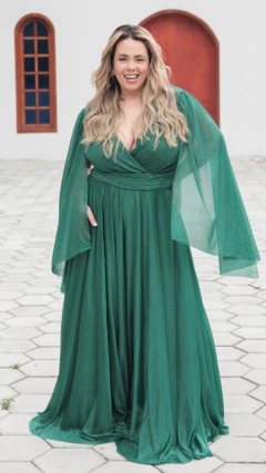 Longo plus size verde esmeralda manga morcego com brilho - comprar online