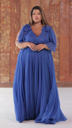 Vestido longo plus size azul royal detalhe de laço na manga com brilho - comprar online