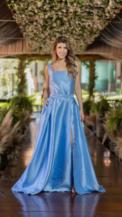 Vestido de zibeline decote quadrado Azul serenity (Anna) - comprar online