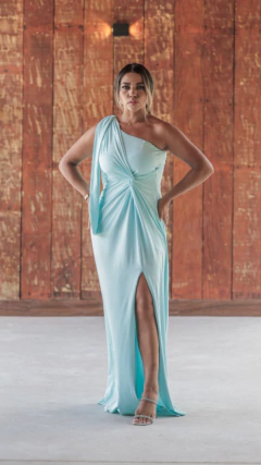 Vestido longo um ombro só com nó na cintura e detalhe na manga azul serenity (newonon) - comprar online