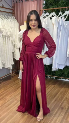 Vestido longo Marsala , de manga longa, com brilho (kinha) - comprar online