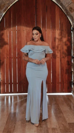 vestido longo neocrepe ombro ombro azul sereniti - com avaria - comprar online