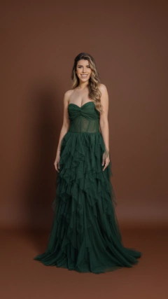 Vestido longo Verde Oliva de Tule ,Tomara que Caia com brilho e Detalhes em Babado (Raissa) - comprar online