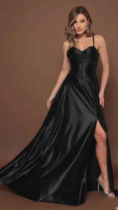 Vestido longo de cetim Preto com fenda (Newsu) - comprar online