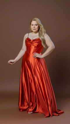 Vestido longo de cetim Terracota com fenda (Newsu) - comprar online