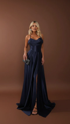 Vestido longo de cetim Azul Marinho com fenda (Newsu) - comprar online