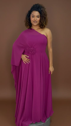 Vestido Reni Longo Com Aplicações De Flores e Capa - Fucsia - comprar online