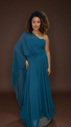 Vestido Reni Longo Com Aplicações De Flores e Capa - Verde Petróleo - comprar online