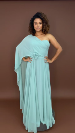 Vestido Reni Longo Com Aplicações De Flores e Capa Verde Tiffany - comprar online