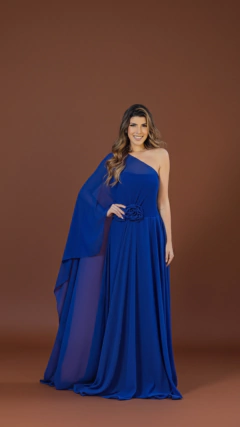 Vestido Reni Longo Com Aplicações De Flores e Capa Azul Royal - comprar online