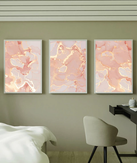 Quadros Mármore Rosé Gold Conjunto com 3