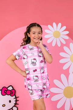 Baby-Doll Infantil Feminino Hello Kitty Xadrez Rosa - Amme Brand | Loja de Atacado