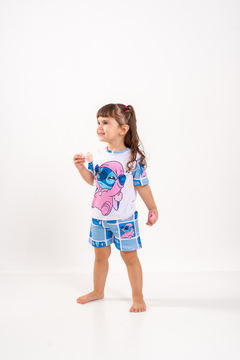 Baby-Doll Infantil Feminino Stitch Quadriculado Azul na internet