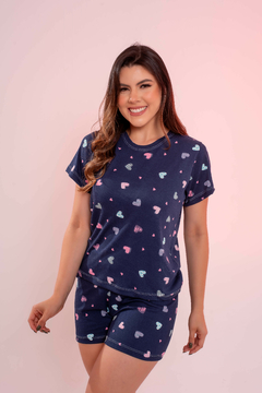 Baby-Doll Manguinha Corações Azul Escuro - comprar online
