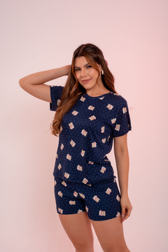 Baby-Doll Manguinha Ursinho Poa Azul Escuro - comprar online