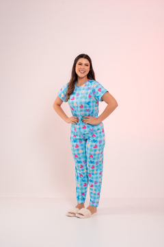 Baby-Doll de Calça Corações Coloridos Quadriculado Azul na internet
