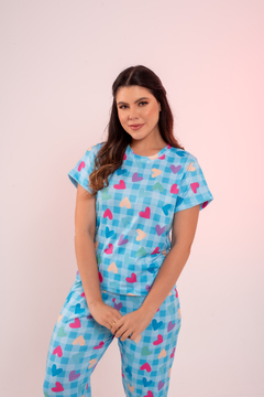 Baby-Doll de Calça Corações Coloridos Quadriculado Azul - comprar online