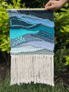 Tapiz Deco Boho Neutros Y Azul H/a Mano Telar campos azules